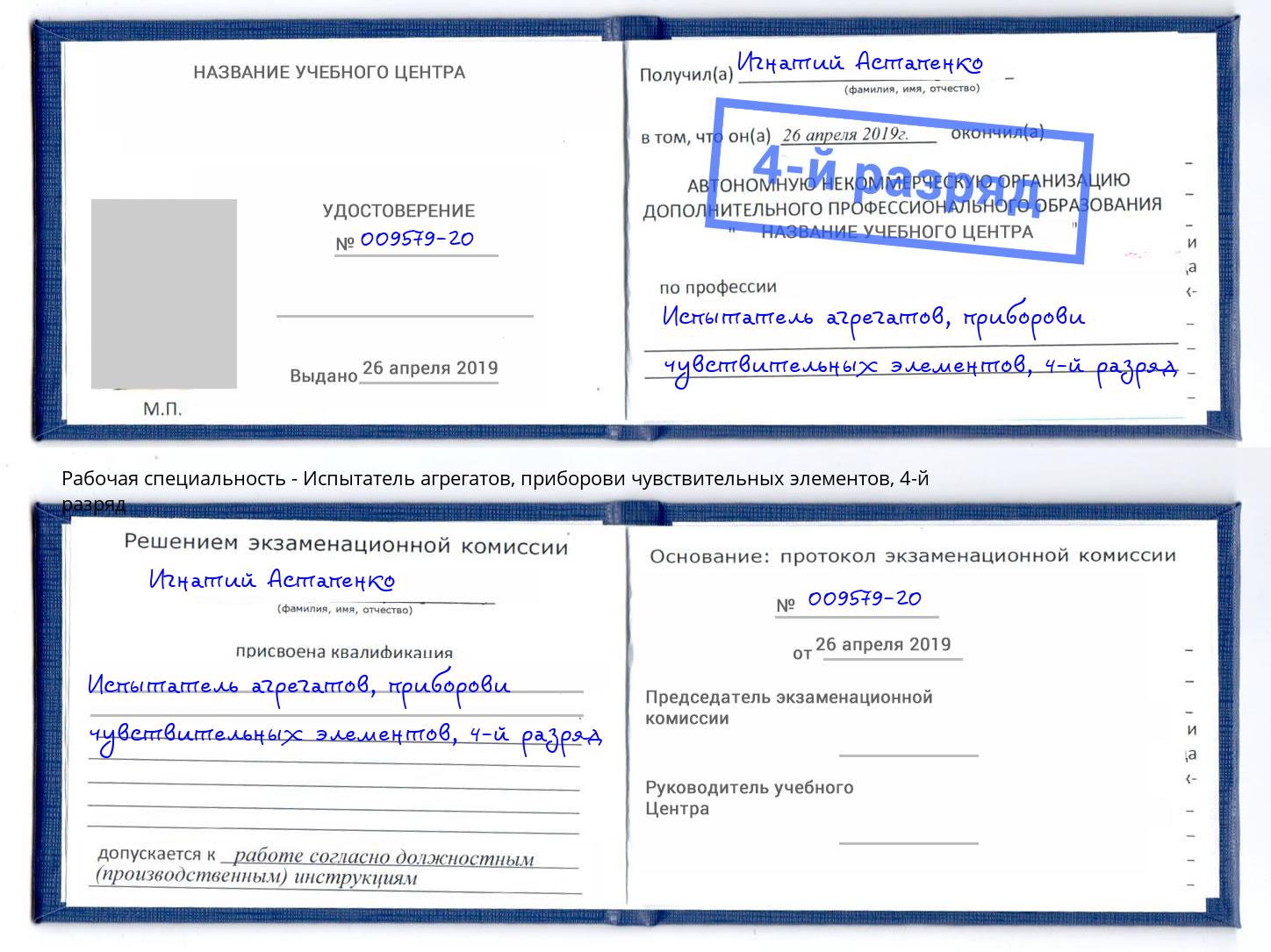 корочка 4-й разряд Испытатель агрегатов, приборови чувствительных элементов Тавда