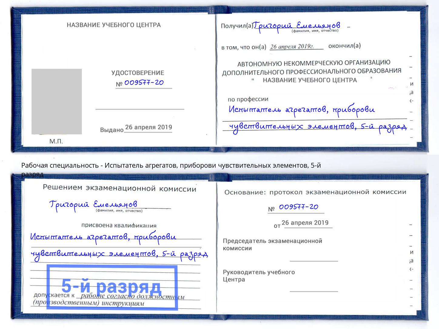 корочка 5-й разряд Испытатель агрегатов, приборови чувствительных элементов Тавда