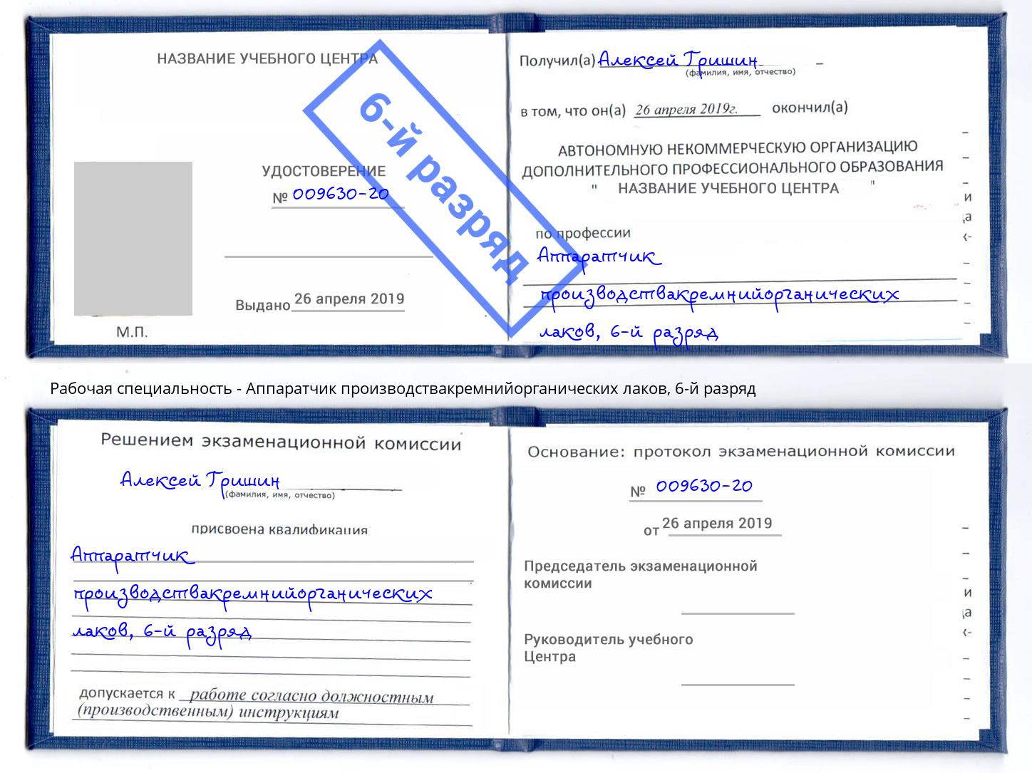 корочка 6-й разряд Аппаратчик производствакремнийорганических лаков Тавда