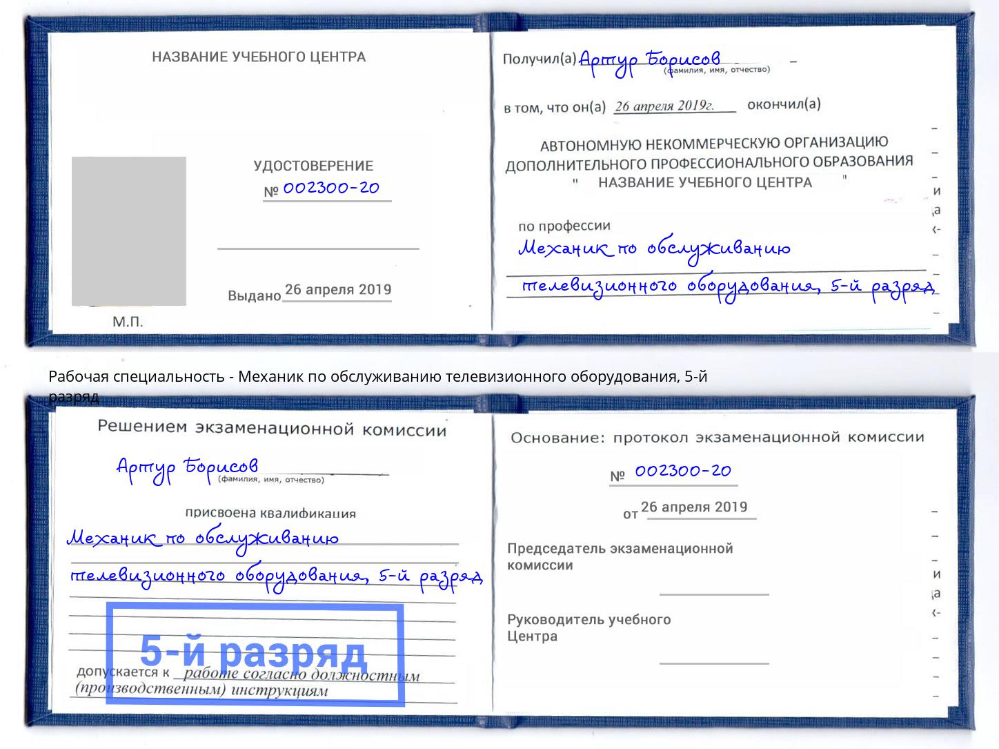 корочка 5-й разряд Механик по обслуживанию телевизионного оборудования Тавда